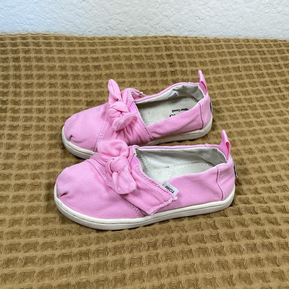 TOMS Girls Toddler Sz 8 Pink Bow Canvas Slip On Shoes